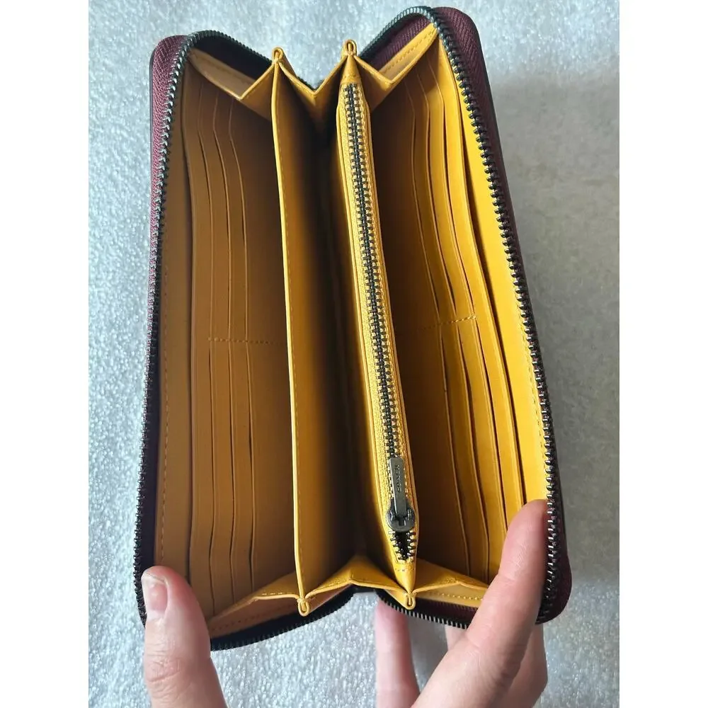 EUC Coach Signature Zip Around Wallet Brown Yellow Varsity Logo Mustard C4452